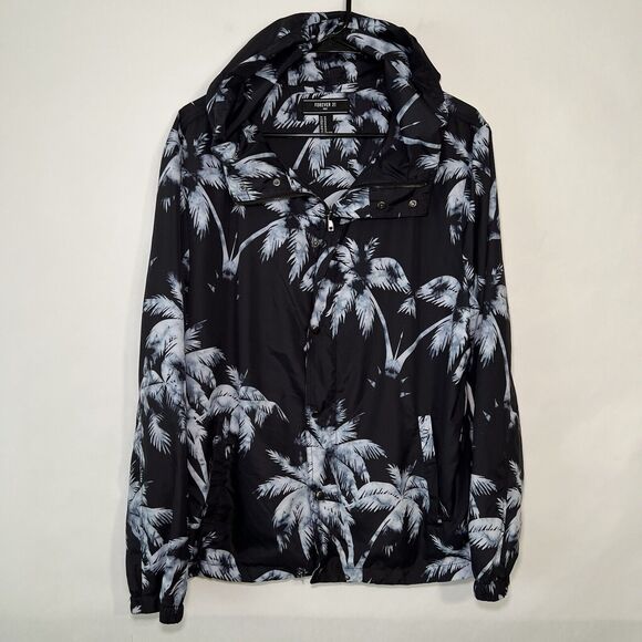 Forever 21 Men Full Zip Hooded Windbreaker Jacket Mens Size Medium Blue Tropical - Picture 1 of 13